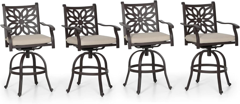 PHI VILLA Outdoor Swivel Bar Stools Set of 4, Cast Aluminum Patio Bar Height Chairs with Seat Cushion, All-Weather Bar Dining Chairs Metal Bistro Chairs