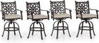 PHI VILLA Outdoor Swivel Bar Stools Set of 4, Cast Aluminum Patio Bar Height Chairs with Seat Cushion, All-Weather Bar Dining Chairs Metal Bistro Chairs