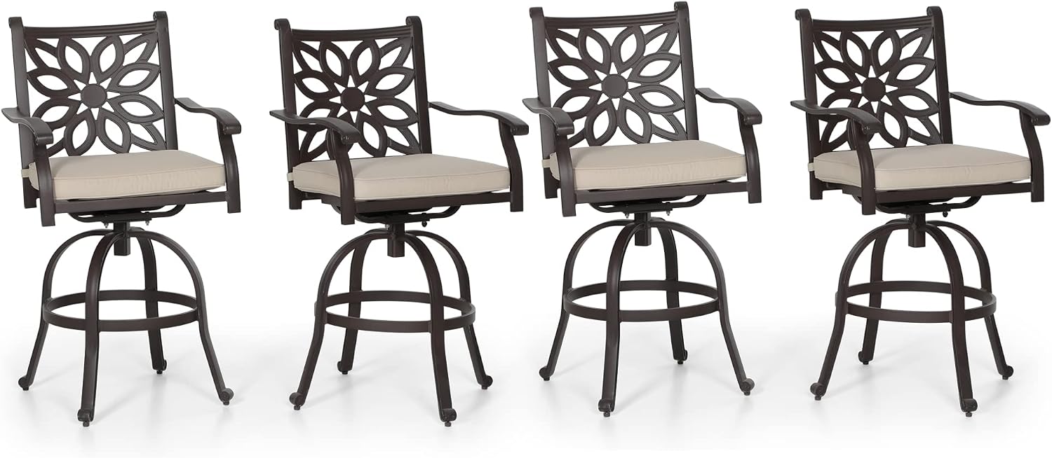 PHI VILLA Outdoor Swivel Bar Stools Set of 4, Cast Aluminum Patio Bar Height Chairs with Seat Cushion, All-Weather Bar Dining Chairs Metal Bistro Chairs