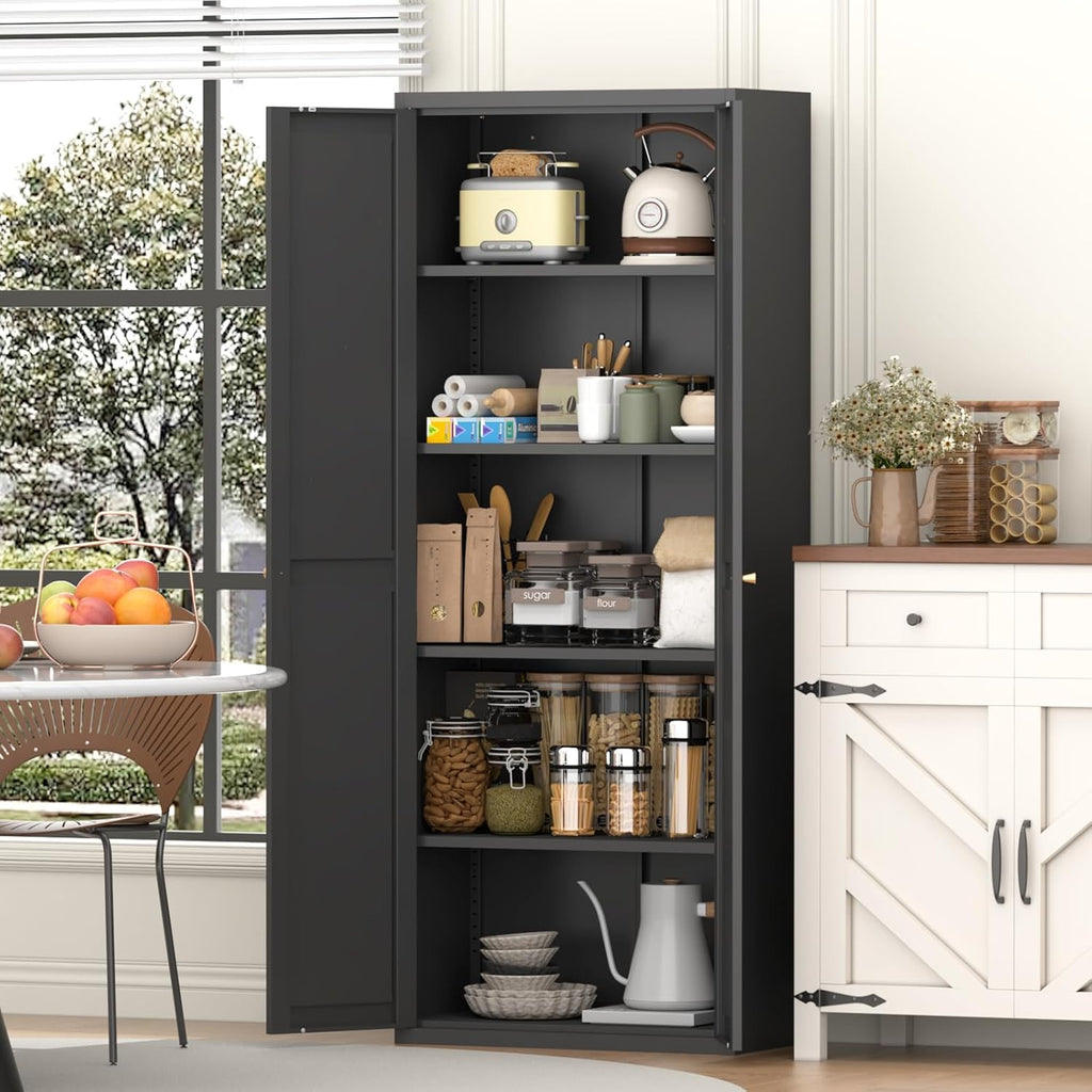 Pantry Cabinet,Tall Kitchen Pantry Storage Cabinet with 2 Doors,Kitchen Cabinet Storage with 4 Adjustable Shelves for Living Room,Dining Room,Black