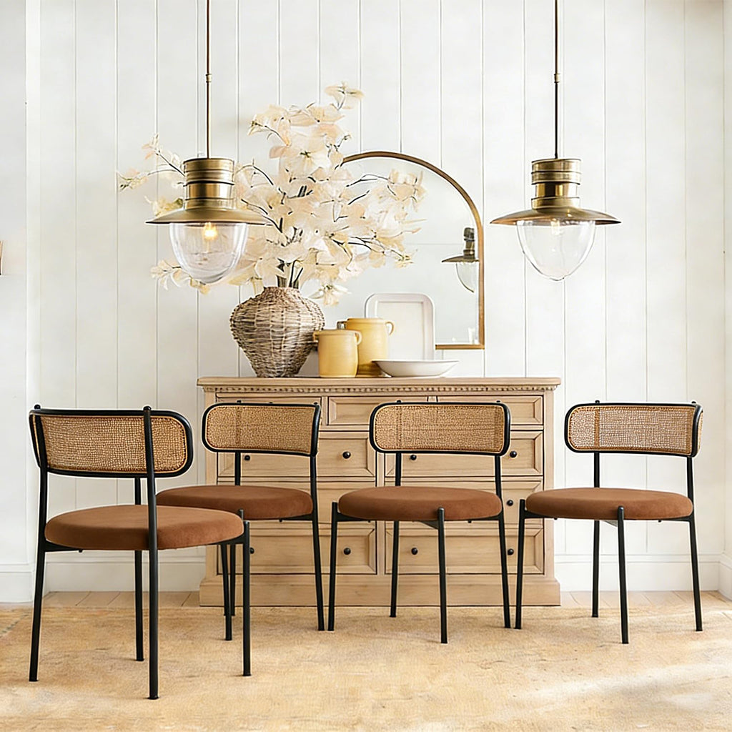 Rattan Dining Chairs Set of 6, Mid Century Modern Dining Chairs with Cane Back and Boucle Upholstered Seat, Farmhouse Kitchen Chairs for Dining Room and Living Room, Brown