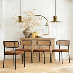 Rattan Dining Chairs Set of 6, Mid Century Modern Dining Chairs with Cane Back and Boucle Upholstered Seat, Farmhouse Kitchen Chairs for Dining Room and Living Room, Brown