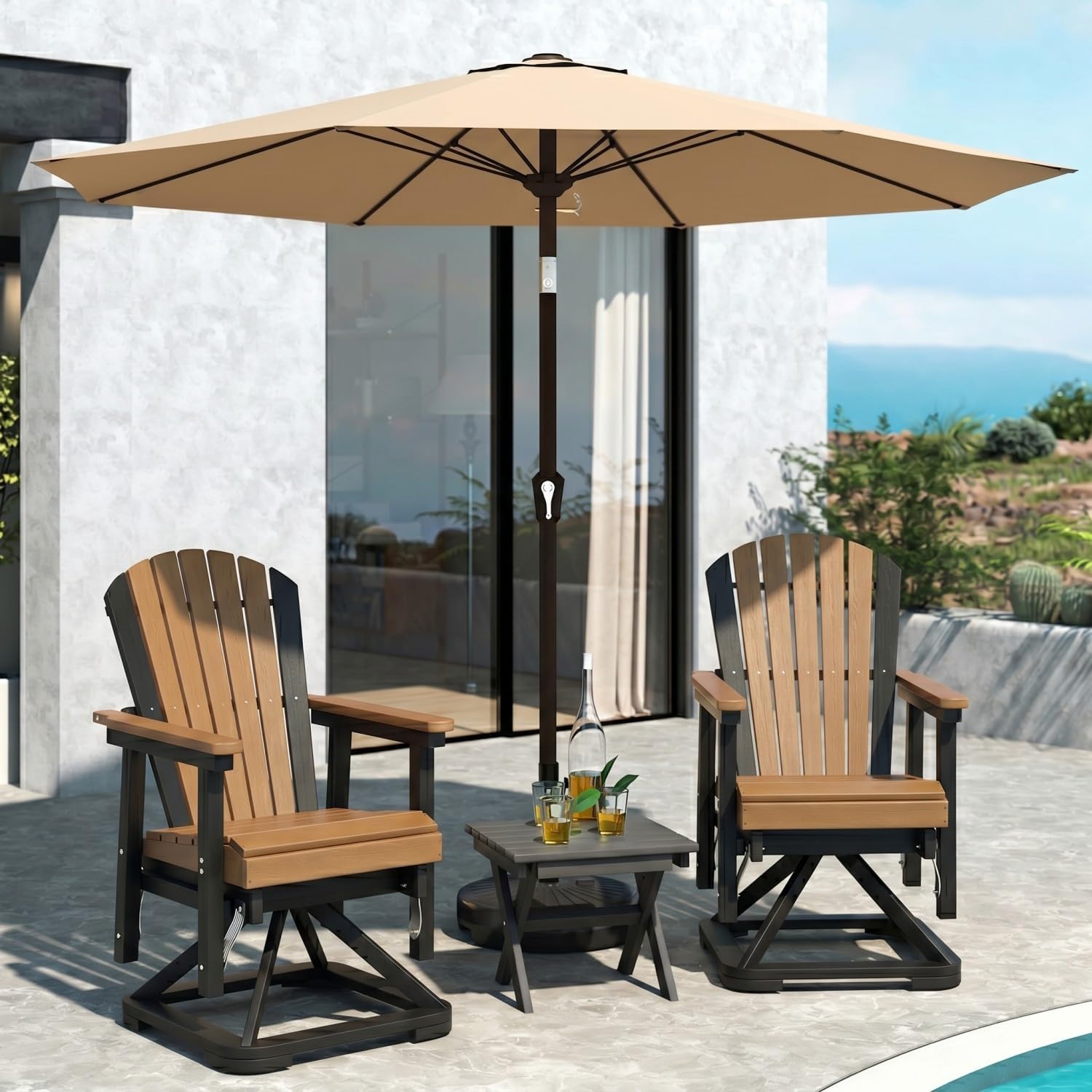 HDPE Swivel Glider Chair Outdoor, Weather Resistant Adirondack Outside Rocking Chair, Wooden Textured Outdoor Swivel Chair Set of 2 for Porch, Balcony, Poolside, Backyard (Black&Teak)