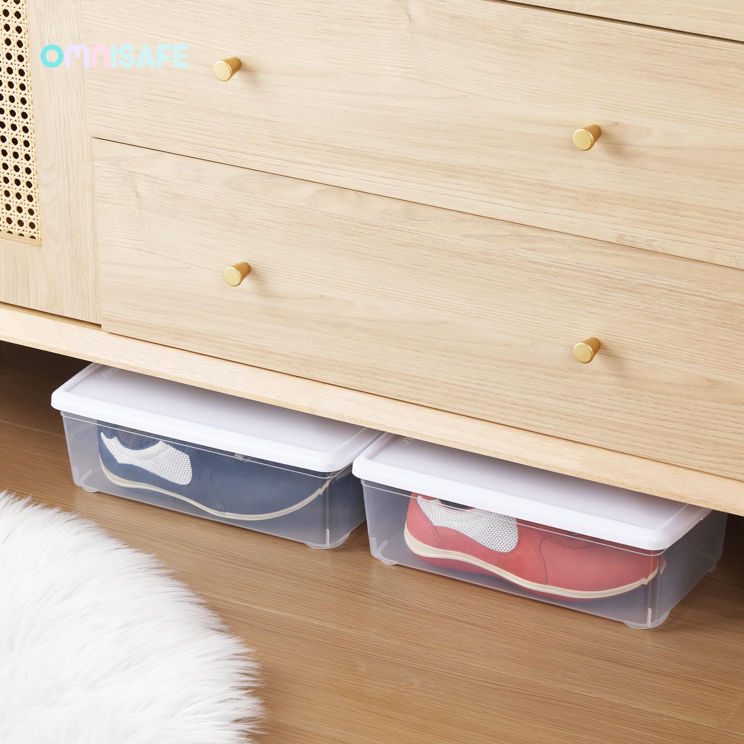 Stackable Plastic Storage Shoebox, BPA-Free Nestable Container with Latching Lid to Organize Shoes, See-Through Box for Home and Office, Multi-Purpose Storage Case, Clear Bins (12 Pack 6 Quart White)