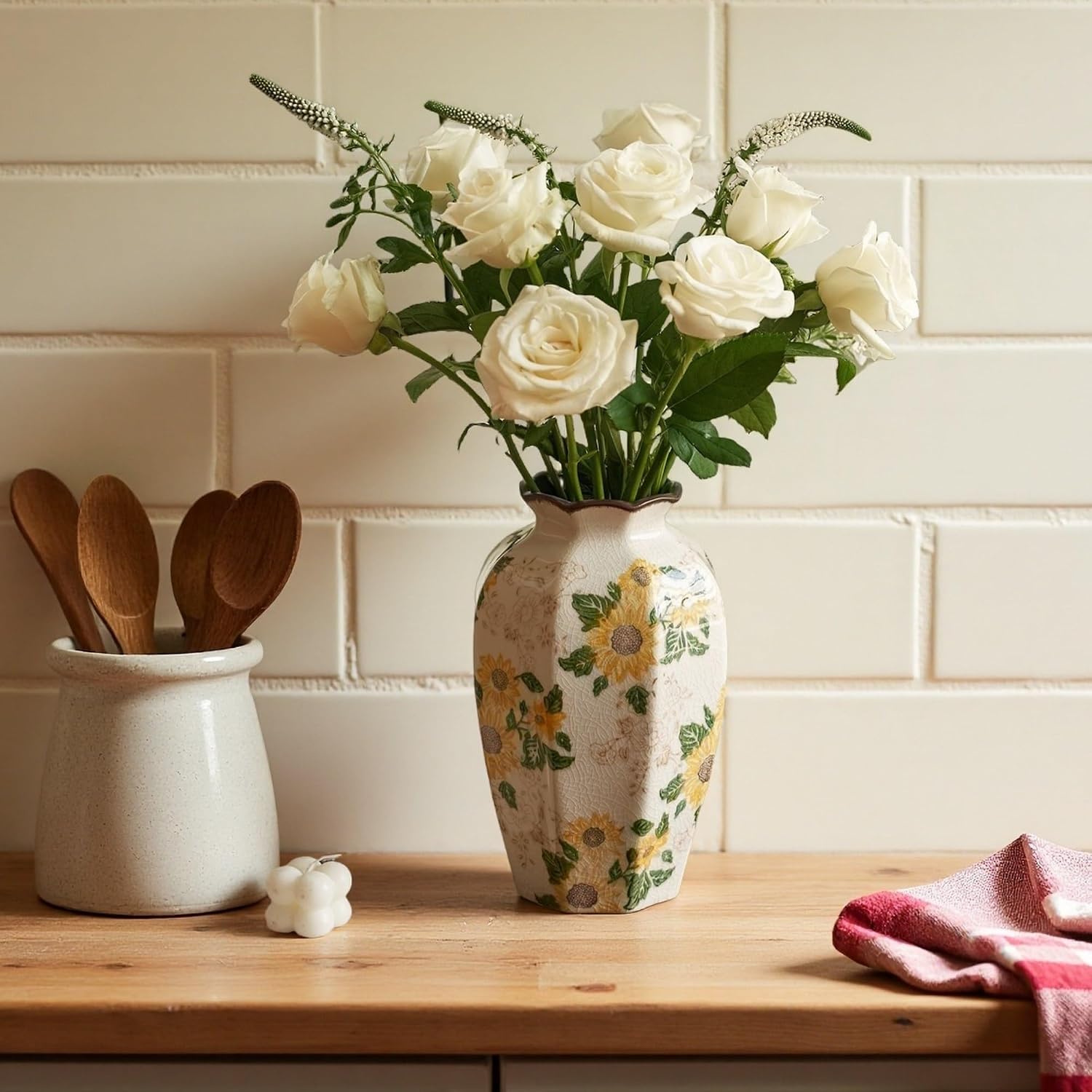 Levvohd Vintage Octagonal Ceramic Vase Sunflower Pattern 9.3 Inch | Rustic Farmhouse Antique, Chinoiserie Floral, Pastoral, For Wall Art Bedroom and Shelf