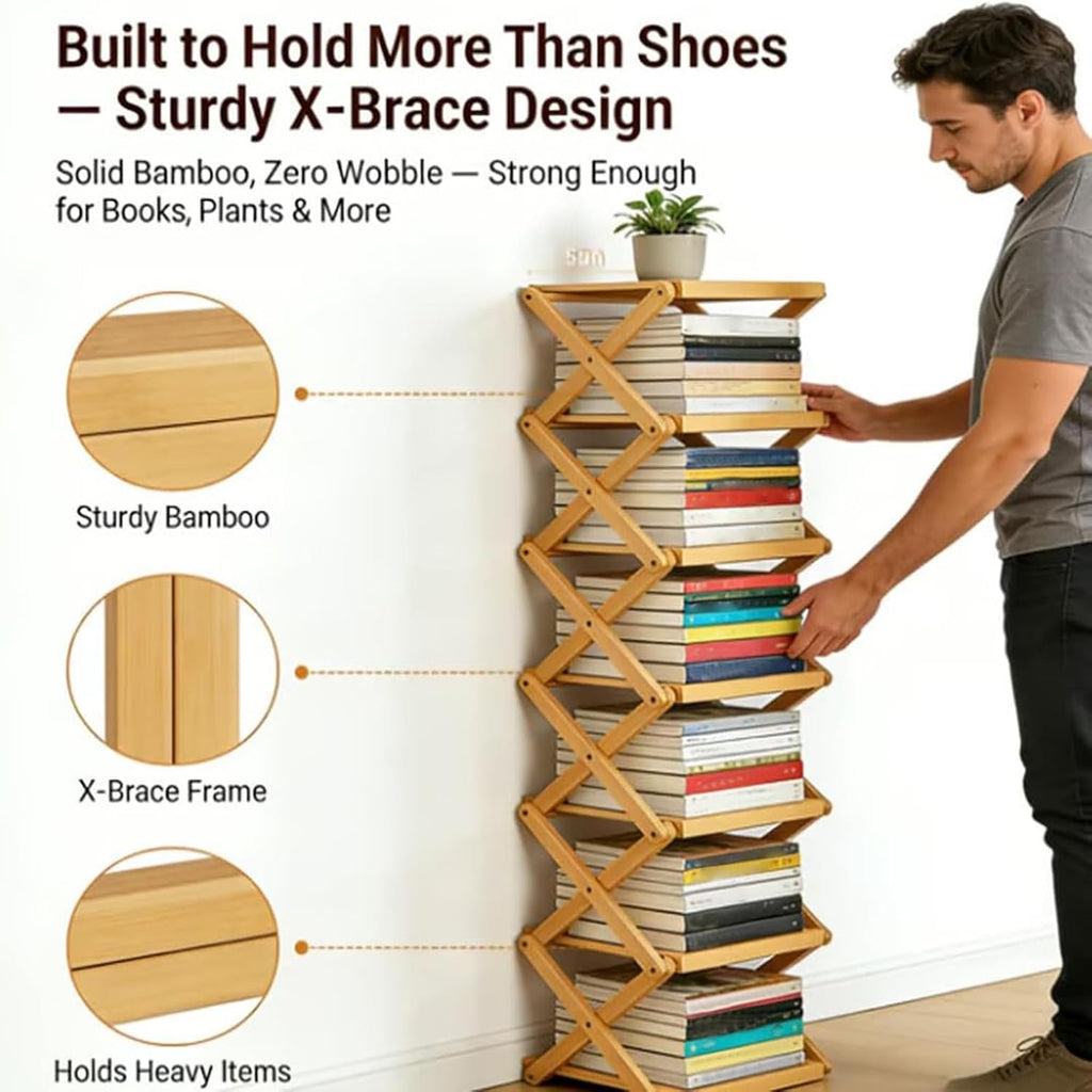 9 Tier Bamboo Shoe Rack, The 9-Tier No-Assembly Bamboo Rack, Foldable Accordion Corner Shoe Shelf, Narrow Standing Closet Shoe Organizer for Shoes, Books, Save Space, Easy to Use (Nature, 9 Tier)