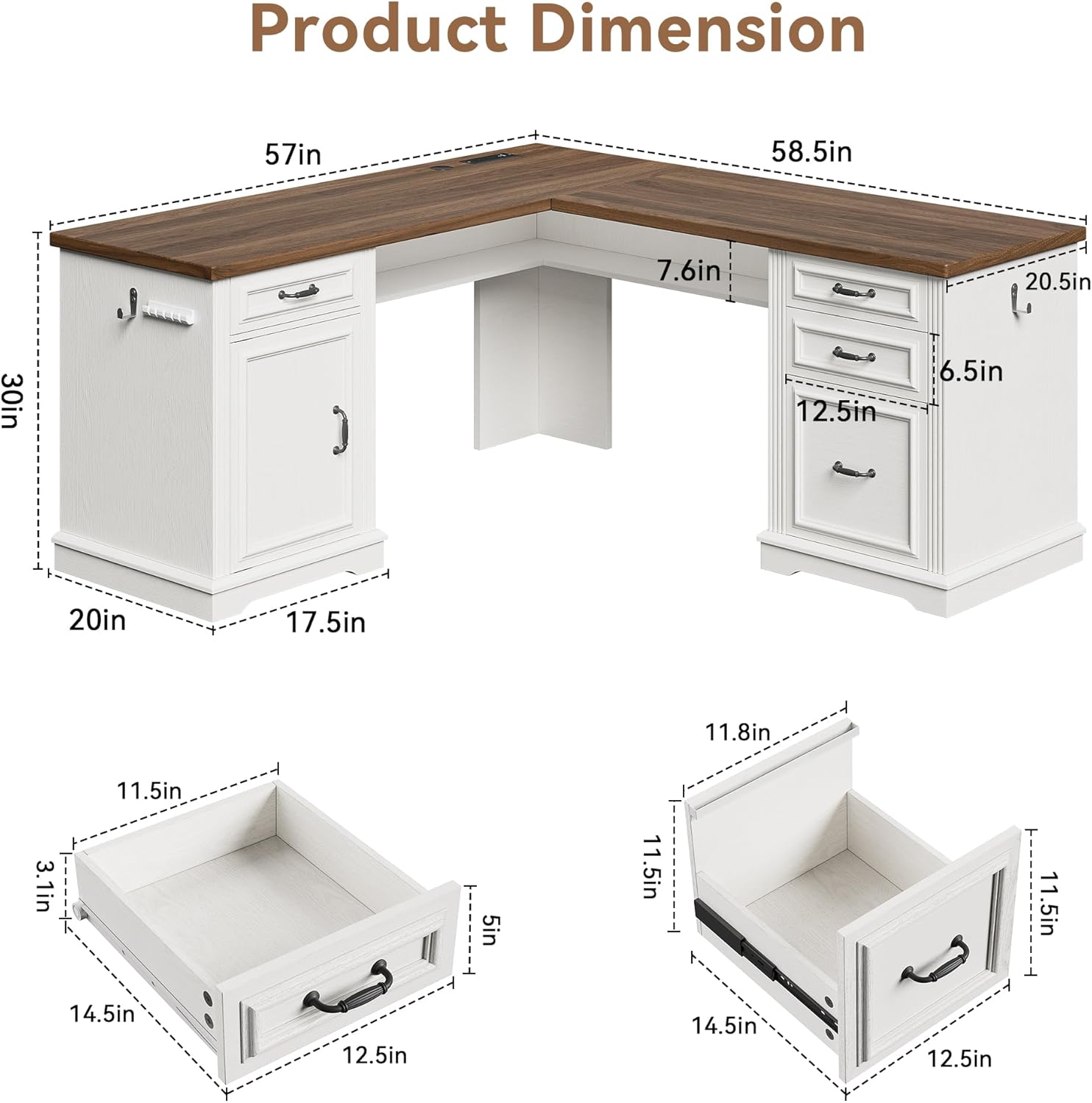 Farmhouse L Shaped Executive Desk with 4 Drawers and Charging Station, Wood Corner Home Office Computer Desk with File Cabinet Storage, Hidden Under Desk Storage Shelf, Headphone Hook - Brown+White