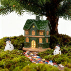 White Christmas Village Houses,LED Lighted Ceramic White Small House and Xmas Tree Tabletop Figurines, Light Up Christmas Decorations for Home Shelf Cabinet Table Winter Deco