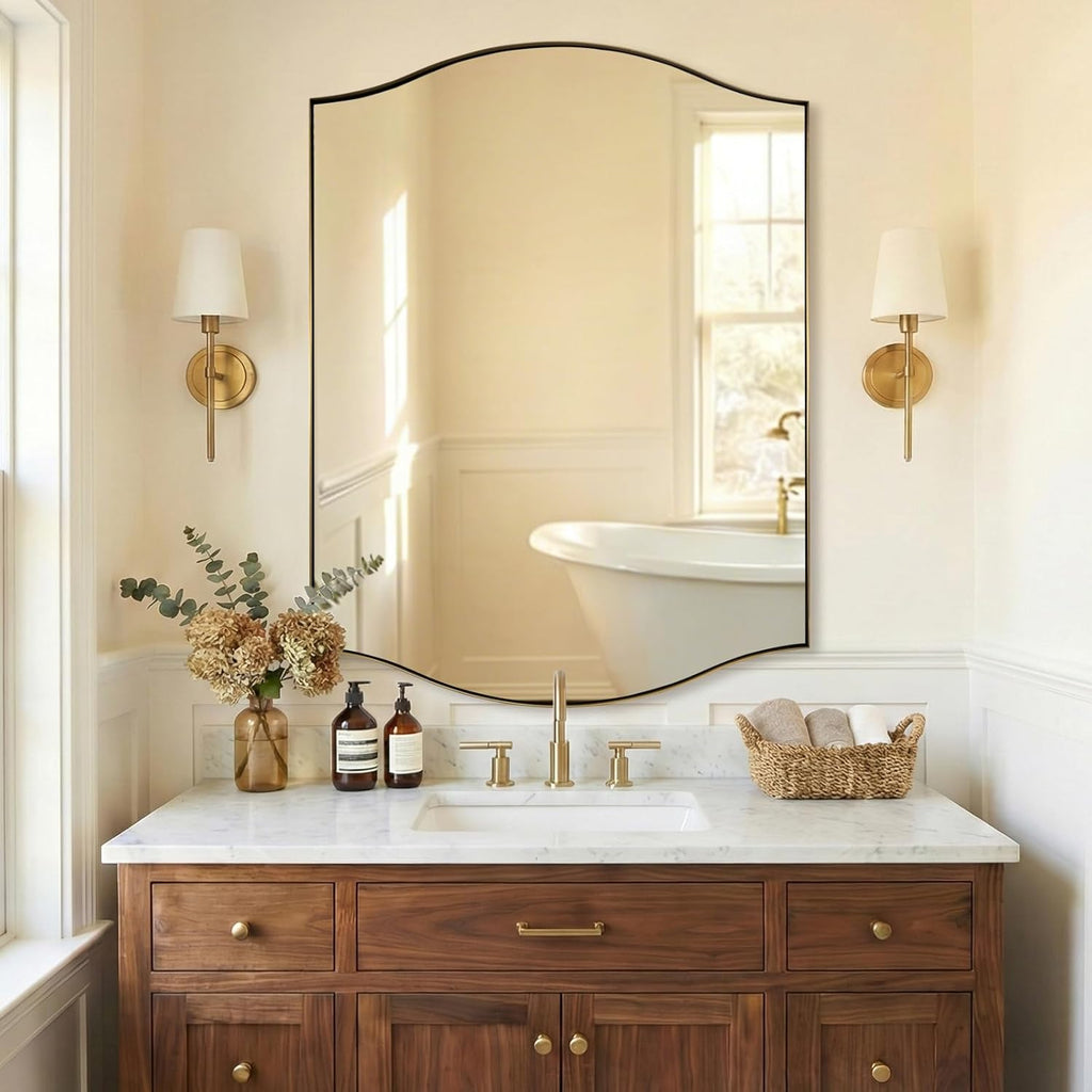 ANDY STAR Rectangle Scalloped Mirror, 36"x48" Brushed Gold Bathroom Mirror in SUS304 Stainless Steel Metal Frame, Brass Vanity Mirror with Unique Arched Top Design