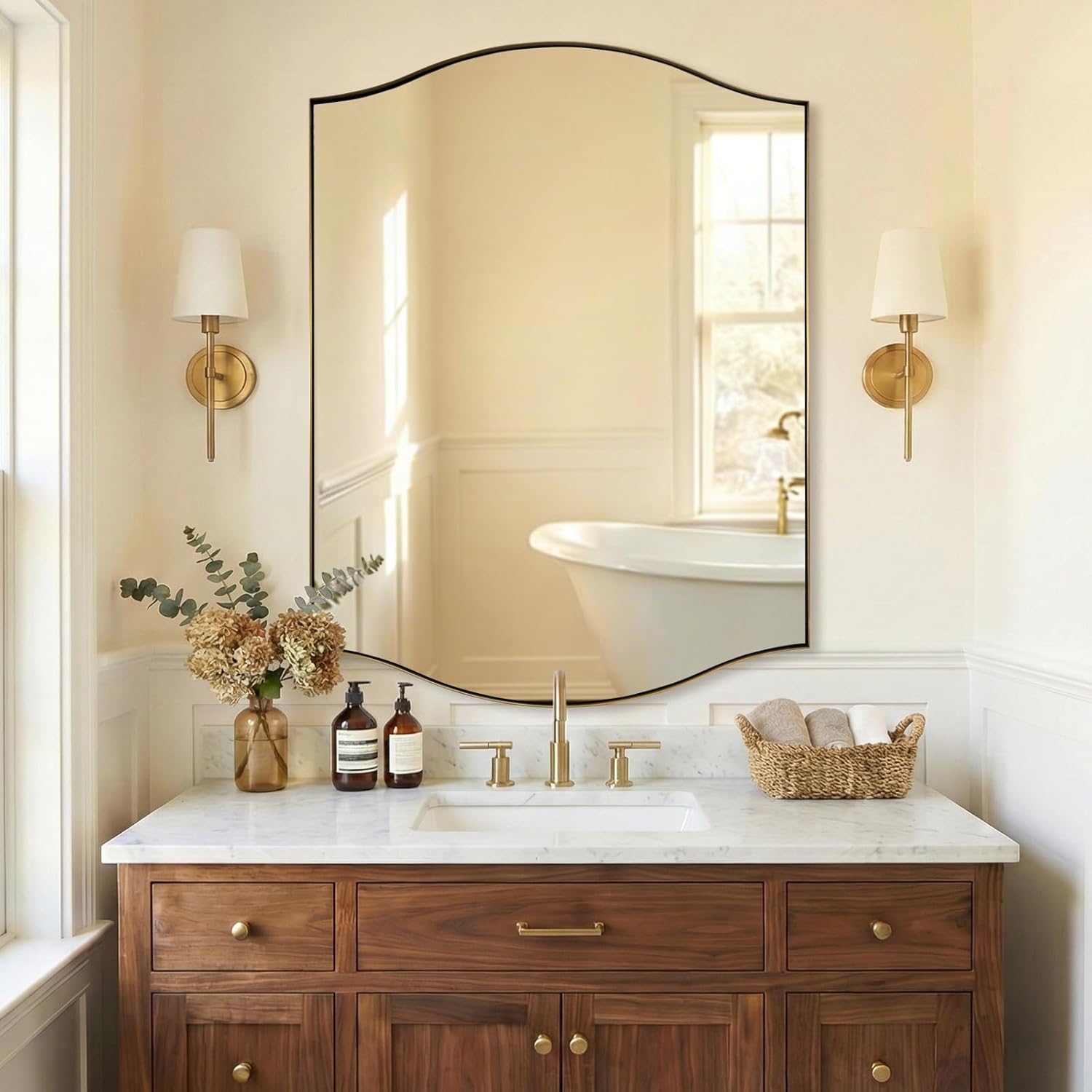 ANDY STAR Rectangle Scalloped Mirror, 36"x48" Brushed Gold Bathroom Mirror in SUS304 Stainless Steel Metal Frame, Brass Vanity Mirror with Unique Arched Top Design