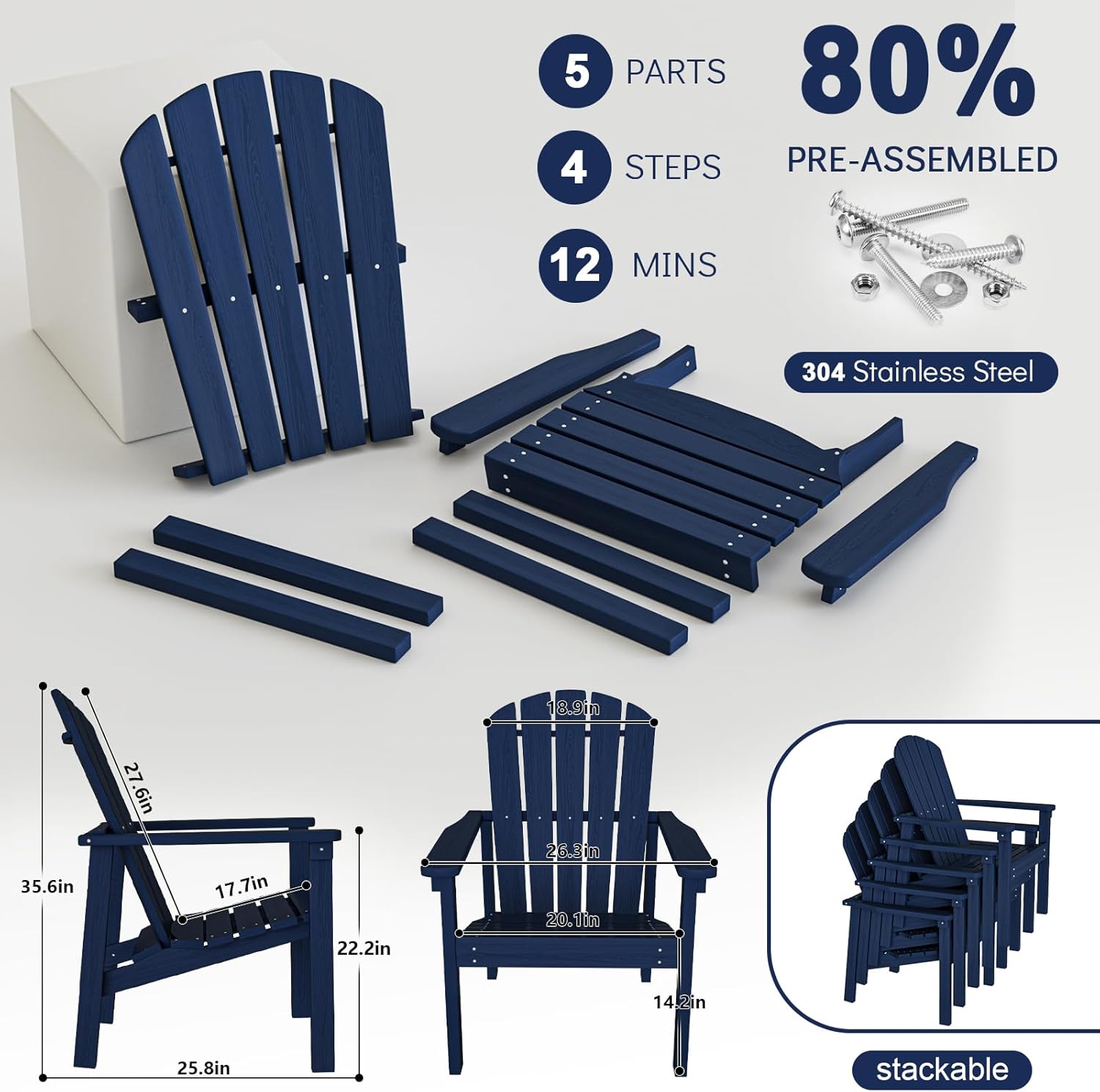 nevilywood Compact Stackable Adirondack Chairs Set of 4, 26.3" Wide HDPE Outdoor Patio Chairs - Durable, Space-Saving Design for Porch, Lawn or Garden, Navy