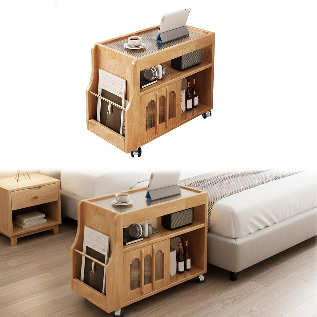 Solid Wood Narrow Side Table with Storage W/Magazine Rack Night Stand Small Couch Side Table for Bedroom Living Room Dining Room