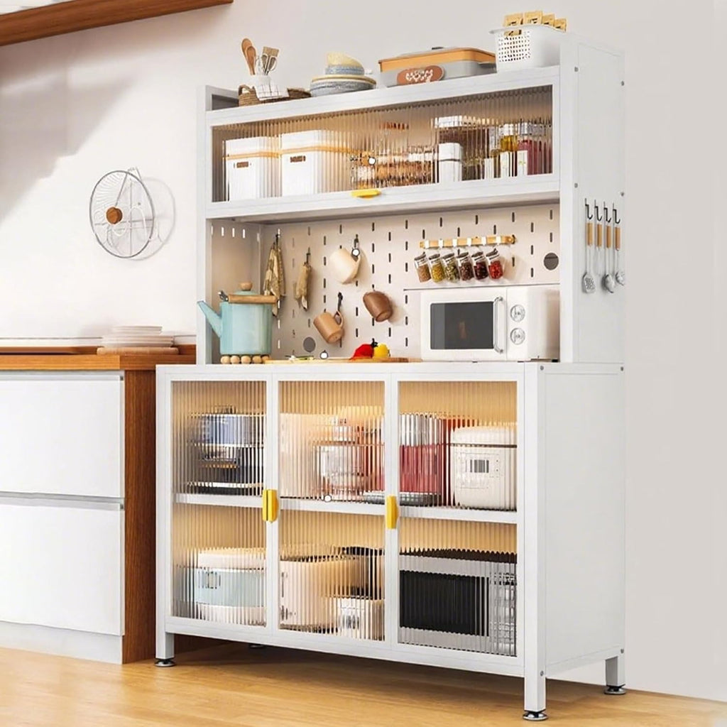 Sideboard with Buffet Cupboard, Tall Kitchen Pantry Storage Cabinet with Microwave Stand, Adjustable Shelf, Cupboard for Dining Room Living Room Furniture(White,80cm/31.4in)