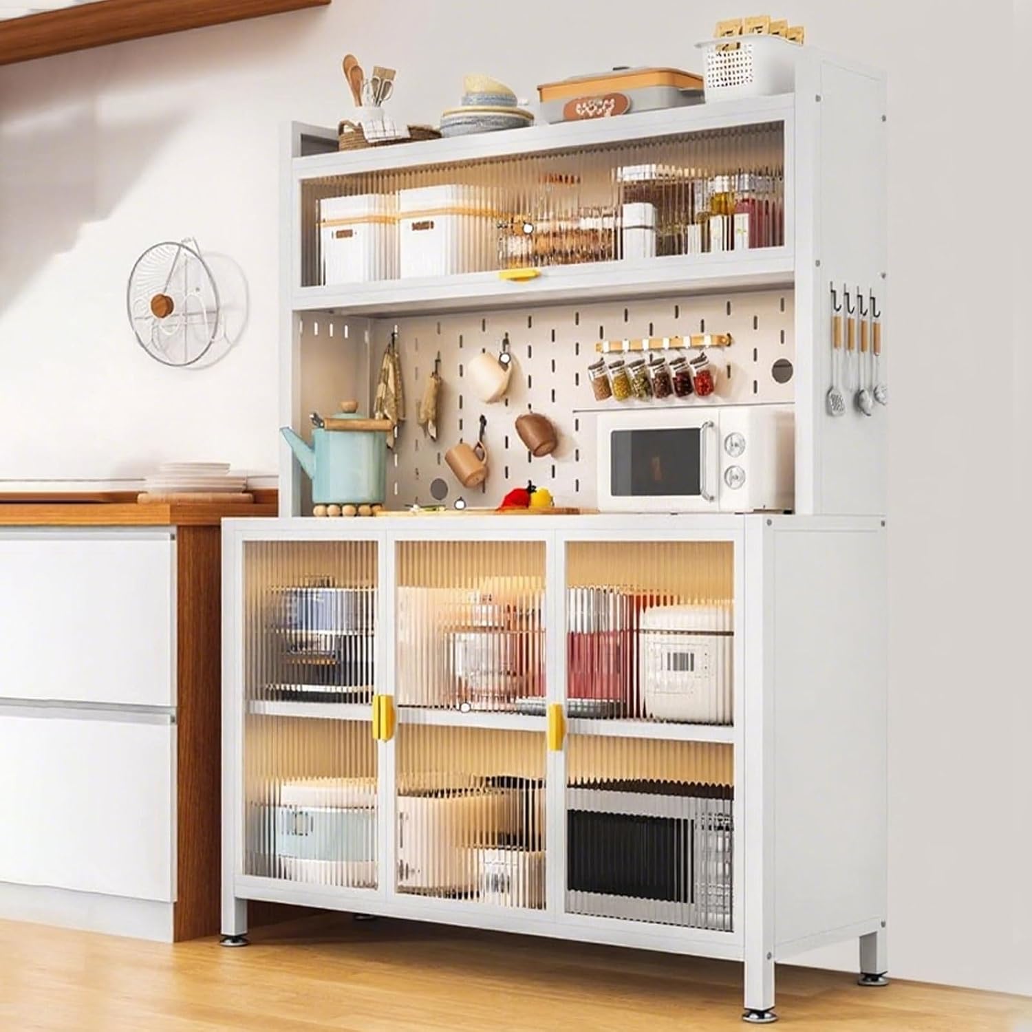Sideboard with Buffet Cupboard, Tall Kitchen Pantry Storage Cabinet with Microwave Stand, Adjustable Shelf, Cupboard for Dining Room Living Room Furniture(White,80cm/31.4in)