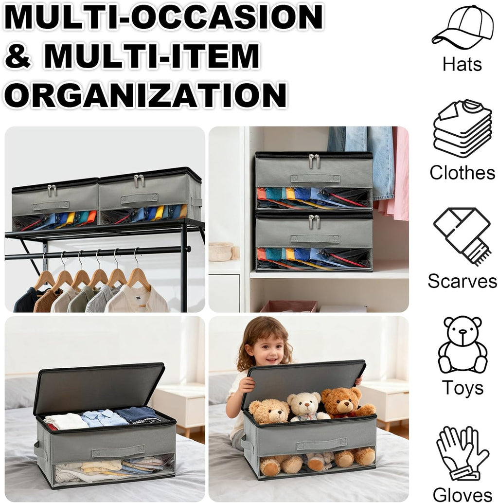 2 PCS Stackable Hat Storage for Baseball Caps, Space Saving Hat Organizer Box for Closet, with All Around Cardboard Support, Zipper Lid, Clear Window and 3 Handle, Each Holds 12 Hats, Grey