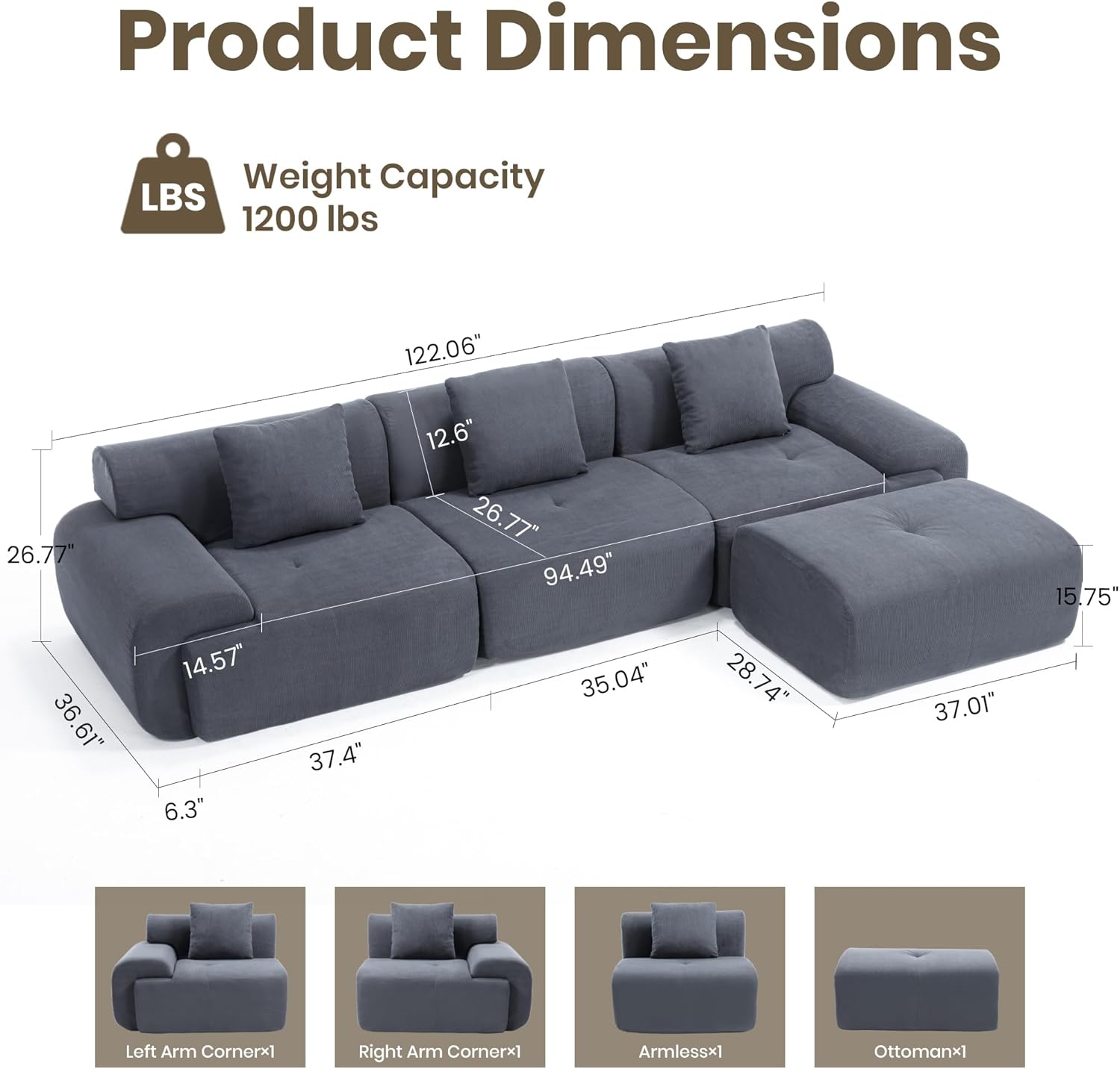 122" Modular Sectional Sofa Convertible L-Shape Cloud Couch, Corduroy Upholstered Boneless Sofa Set with Deep Seat & Movable Ottoman, No Assembly Needed, for Living Room, Bedroom, Home Office, Grey