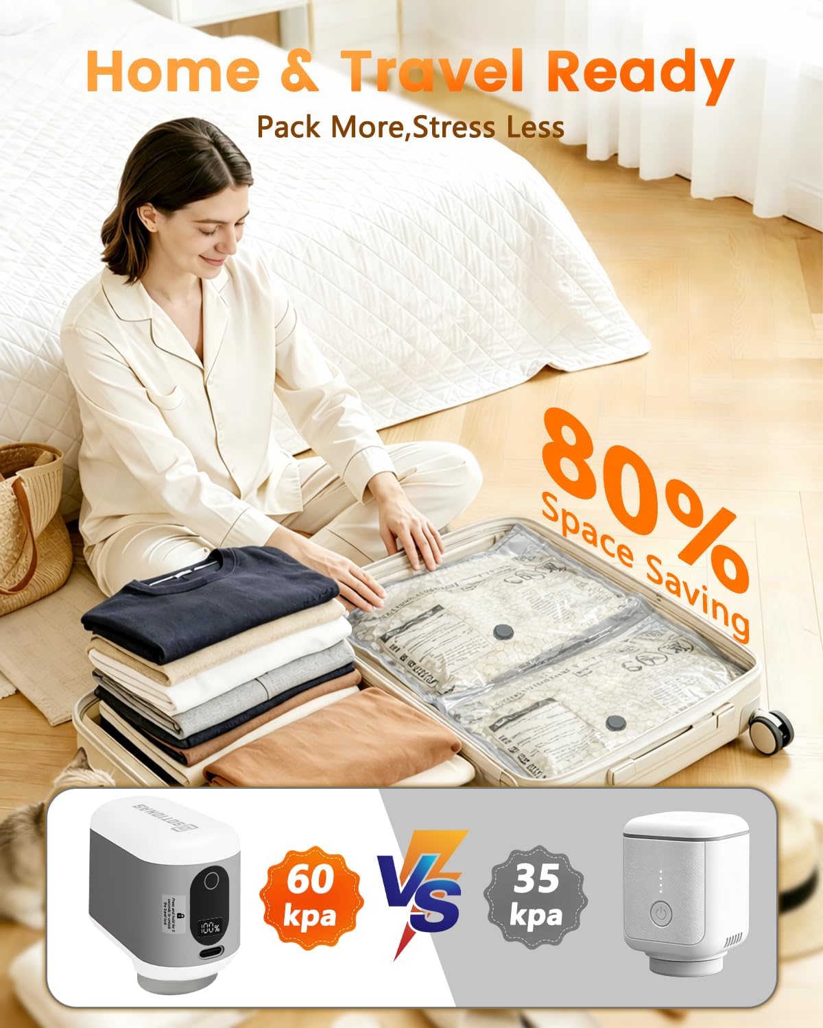 15 Pack Vacuum Seal Bags for Clothing Travel with -60KPa Rechargeable Wireless Pump, Space Saver Compression Vacuum Storage Bags in Multiple Carry-On Sizes for Luggage, Suitcase and Seasonal Storage