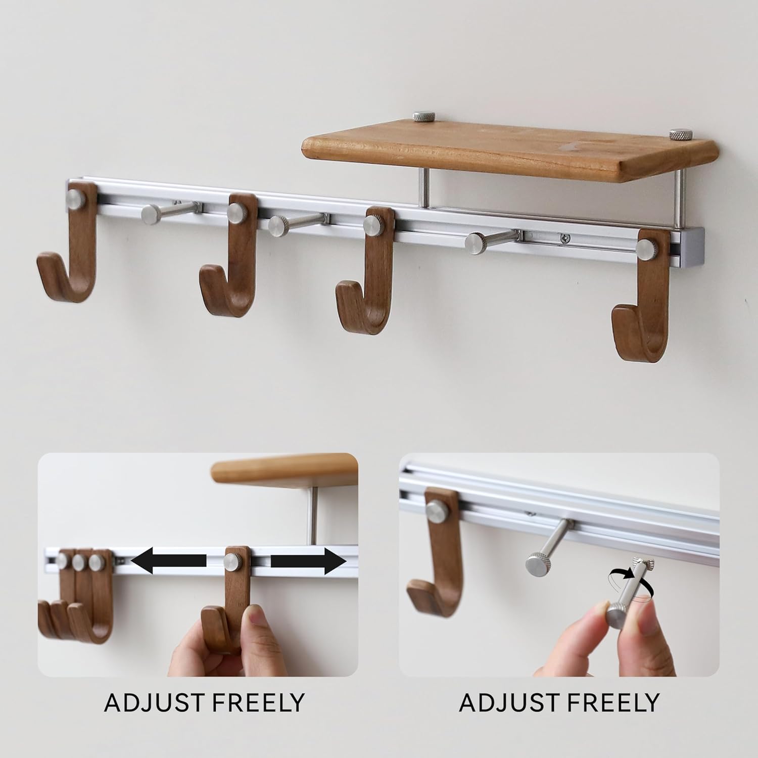 Wall Mounted Coat Rack with Shelf, Modular Entryway Hooks Organizer, Adjustable Aluminum Rail with Wooden Hooks, Expandable Storage for Entryway, Hallway, Mudroom
