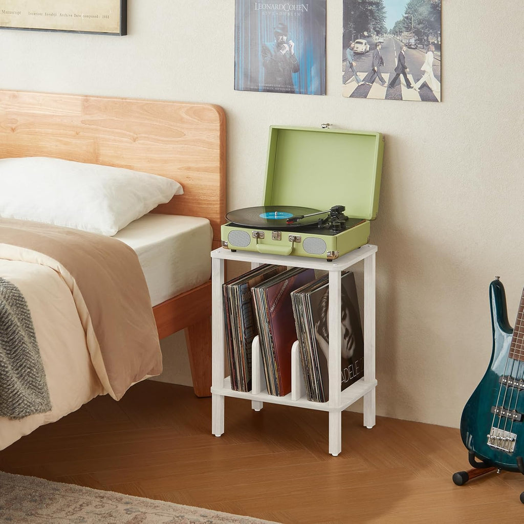 LELELINKY 2-Tier Record Player Stand with Vinyl Record Storage up to 100 Albums, Bedroom Record Holder and Multi-Functional End Table for Living Room, Grey White