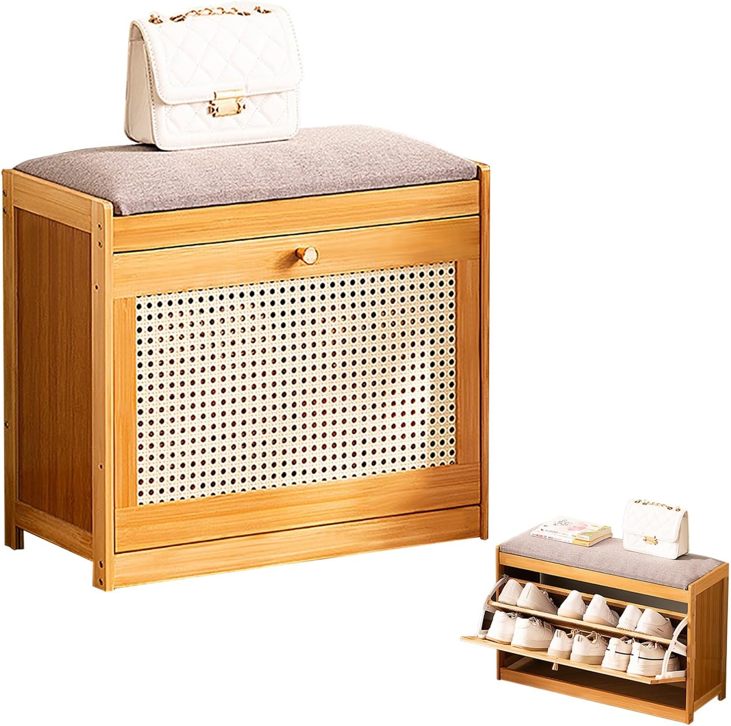 Bamboo Shoe Bench with Foldable Drawers & Cushion Entryway Stool Breathable Narrow Shoe Rack FreeStanding Footwear Organizer for Hallway Bedroom Living Room