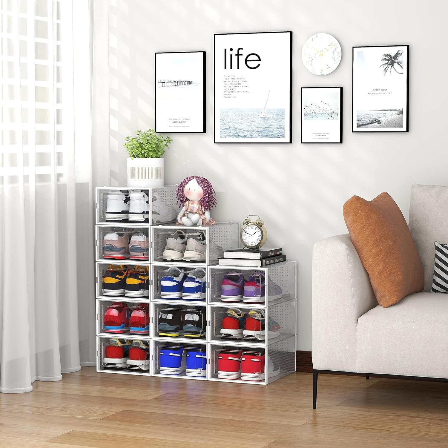 Seseno 12 Pack Shoe Organizer Storage Bins Clear Plastic Stackable Shoe Boxes for Closet, Space Saving Foldable Shoe Storage Case, Sneaker Storage Shoe Box Container