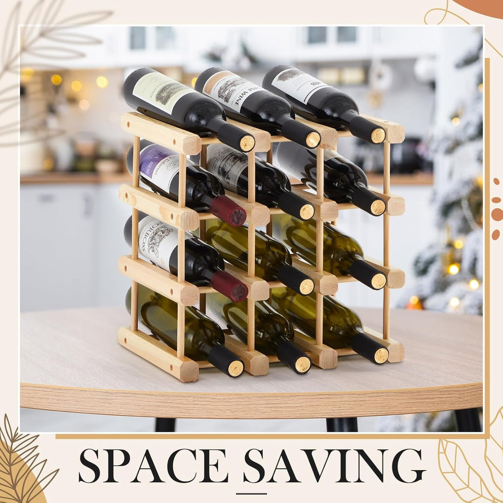 Juexica 1 Pcs 12 Bottles Wooden Wine Rack Sturdy and Durable for Inside Cabinet Stackable Countertop Modular Wine Storage Rack DIY Assembly Bottle Holder for Cellar (Natural Color)