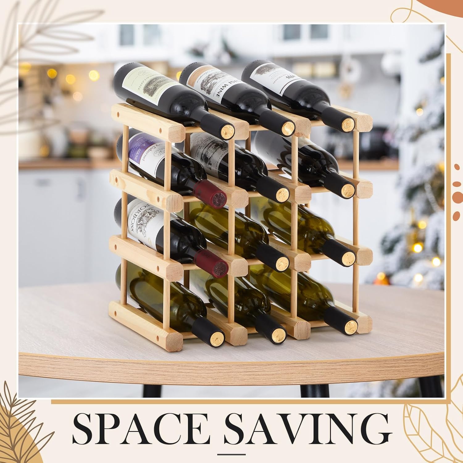 Juexica 1 Pcs 12 Bottles Wooden Wine Rack Sturdy and Durable for Inside Cabinet Stackable Countertop Modular Wine Storage Rack DIY Assembly Bottle Holder for Cellar (Natural Color)