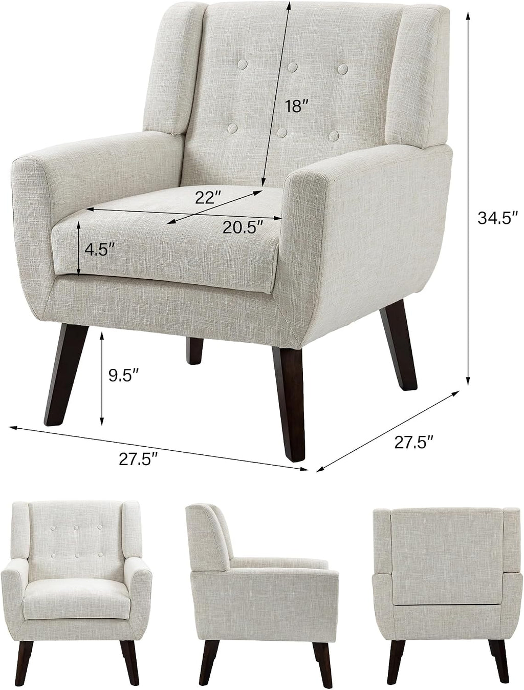 Accent Chair Set of 1, Comfy Reading Armchair, Beige | Linen Blend, Tufted Button Backrest, Solid Wood Frame, Upholstered Club Single Sofa Chairs, For Living Room & Bedroom