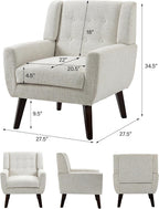 Accent Chair Set of 1, Comfy Reading Armchair, Beige | Linen Blend, Tufted Button Backrest, Solid Wood Frame, Upholstered Club Single Sofa Chairs, For Living Room & Bedroom