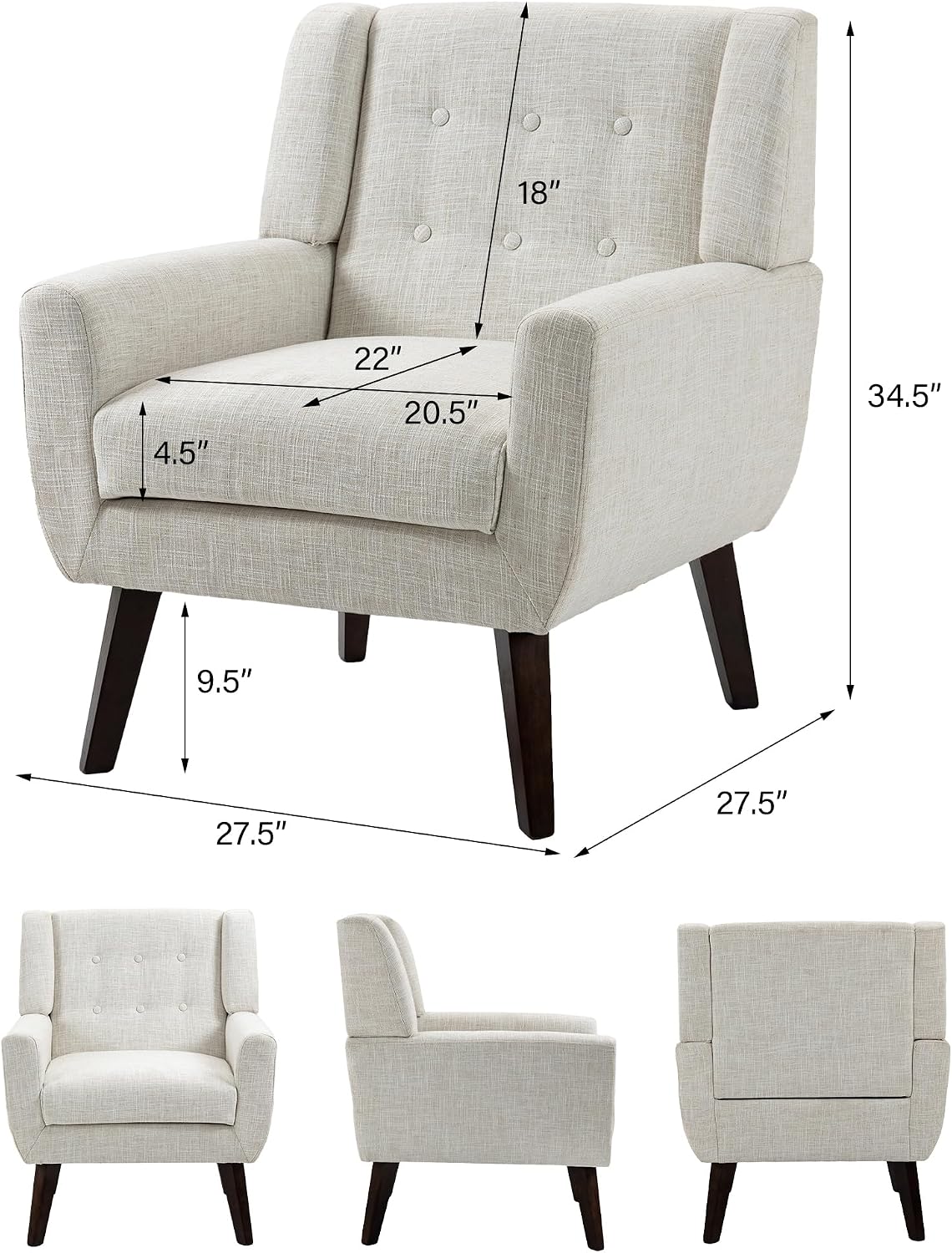 Accent Chair Set of 1, Comfy Reading Armchair, Beige | Linen Blend, Tufted Button Backrest, Solid Wood Frame, Upholstered Club Single Sofa Chairs, For Living Room & Bedroom