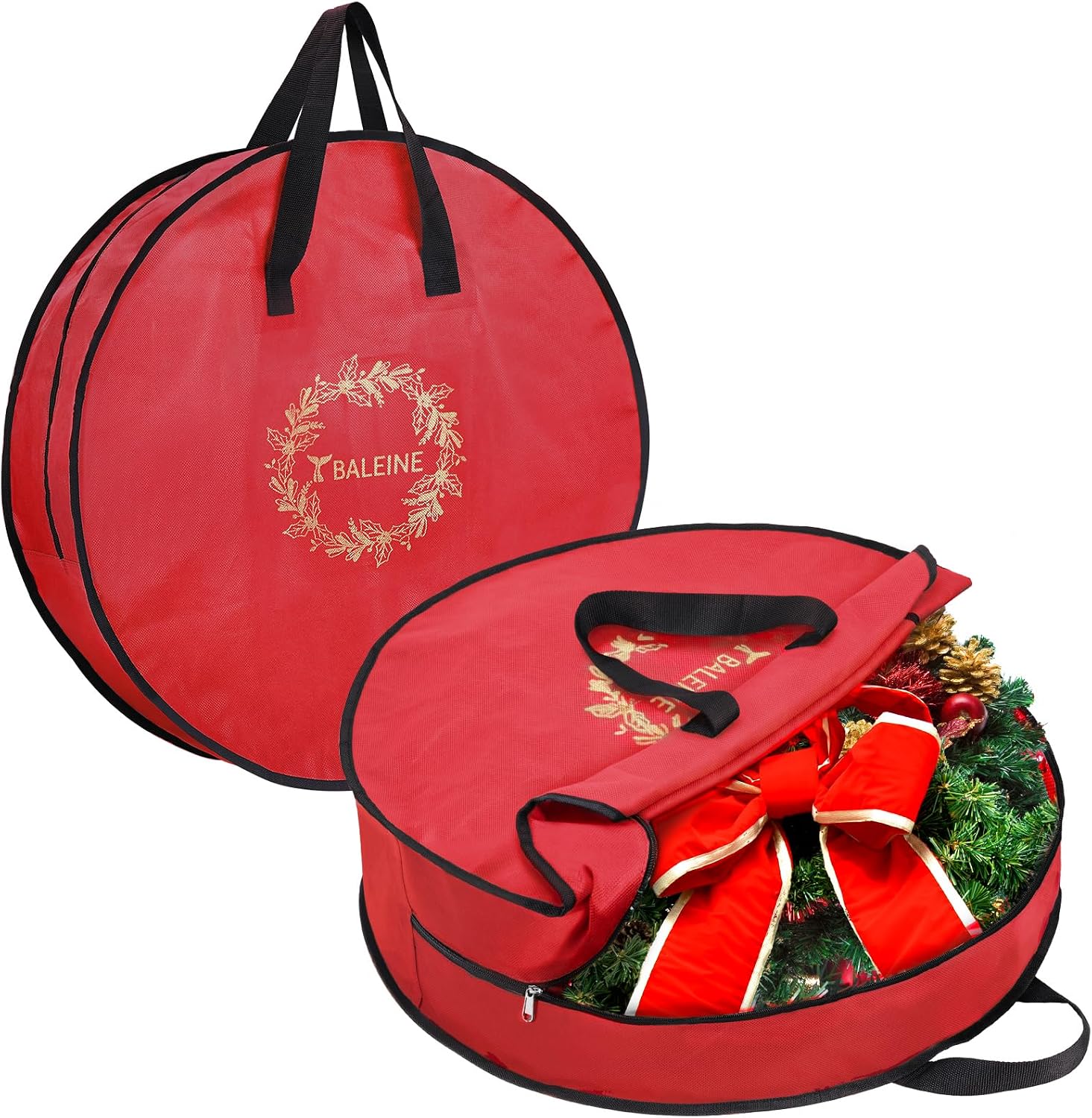 BALEINE 2 Pack Wreath Storage Container, Christmas Wreath Storage Bag with Reinforced Handle for Holiday Xmas (Red, 30"X8")