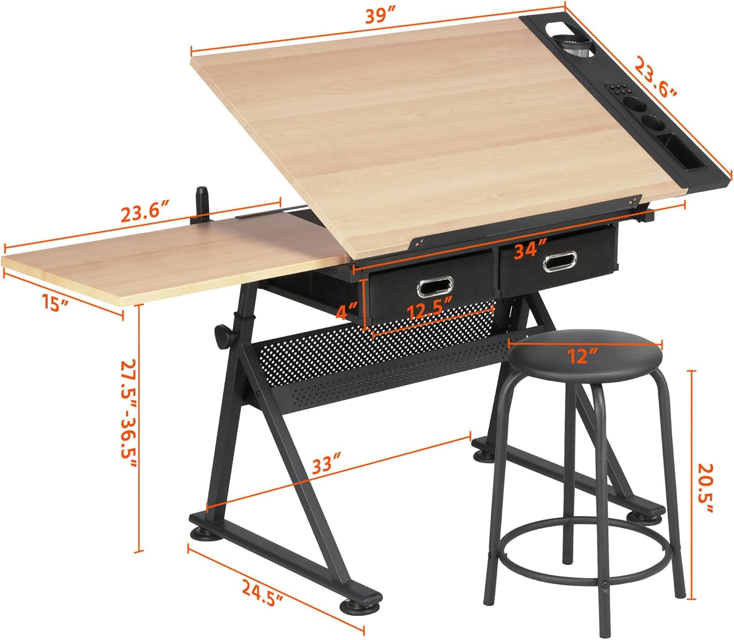 Yaheetech Height Adjustable Drafting Table Drawing Table Artist Desk Tilting Tabletop Art Craft Desk Watercolor Paintings Sketching Work Station w/2 Storage Drawers and Stool for Home Office