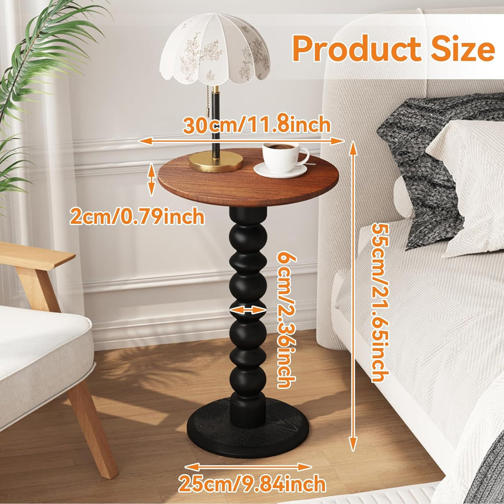 Solid Wood Round Side Table, Small Drink Table,Cocktail Table, Wooden Pedestal End Table, Plant Stand for Living Room, Bedroom,Office and Corners (Walnut/Black, 11.8" W*21.65" H)