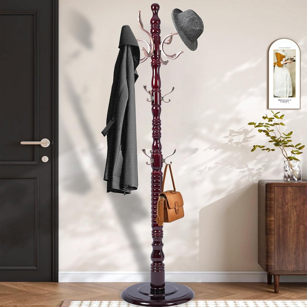 73'' Vintage Coat Racks Freestanding with 20 Metal Hooks, Solid Wood Coat Rack Hanger Stand with 3 Adjustable Size, Heavy Duty Coat Rack Tree for Entryway, Bedroom, Hallway, Office, Apartment