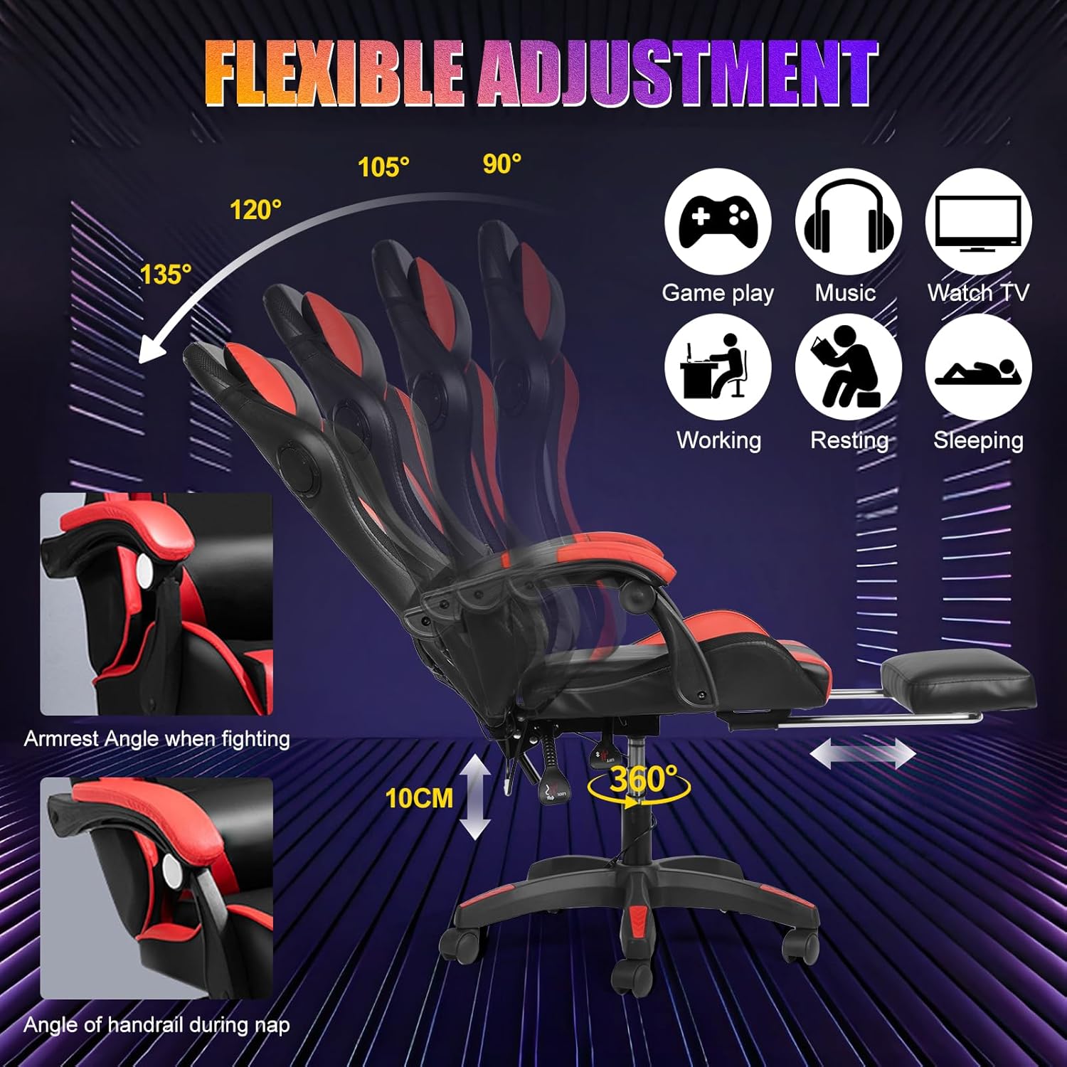 Gaming Chair with Bluetooth Speakers & Lights, Ergonomic High-Back Office Chair with Retractable Footrest, 360° Swivel Adjustable Computer Chair, Faux Leather Racing Style for Home Office & Gaming