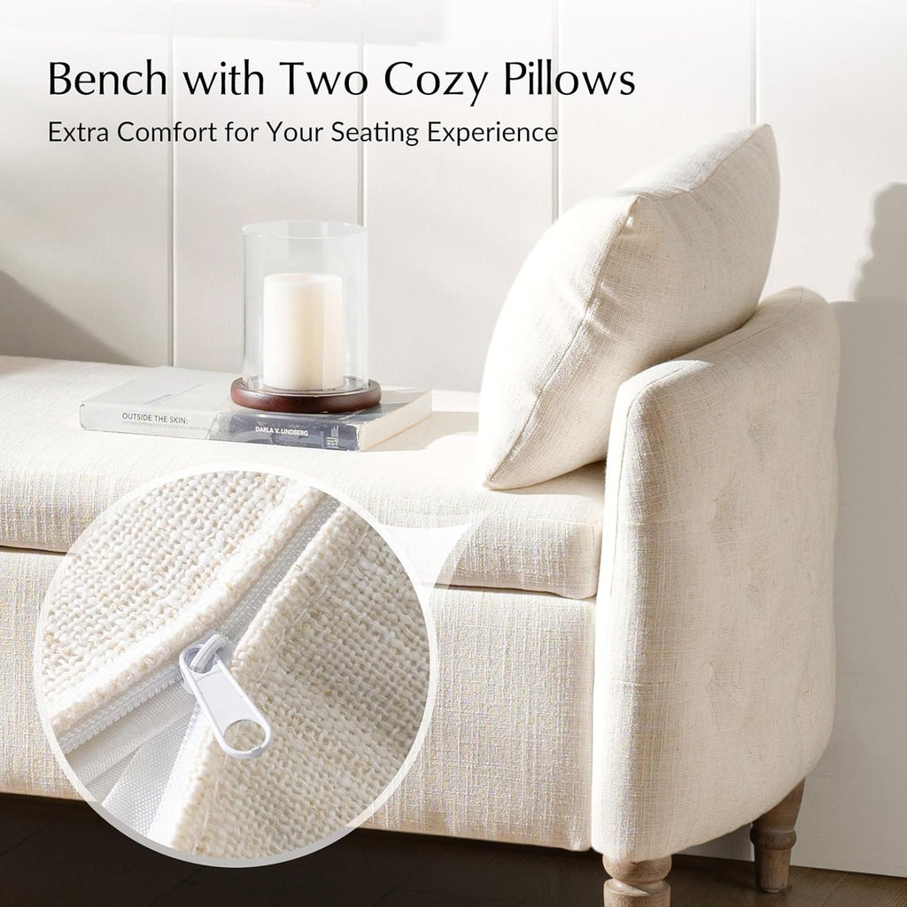 HULALA HOME Storage Bench for Bedroom with Throw Pillows, 59" Large Bedroom Ottoman Bench with Solid Wood Frame, Comfy Upholstered Footstool with Flip-top for Living Room, Entryway, Ivory