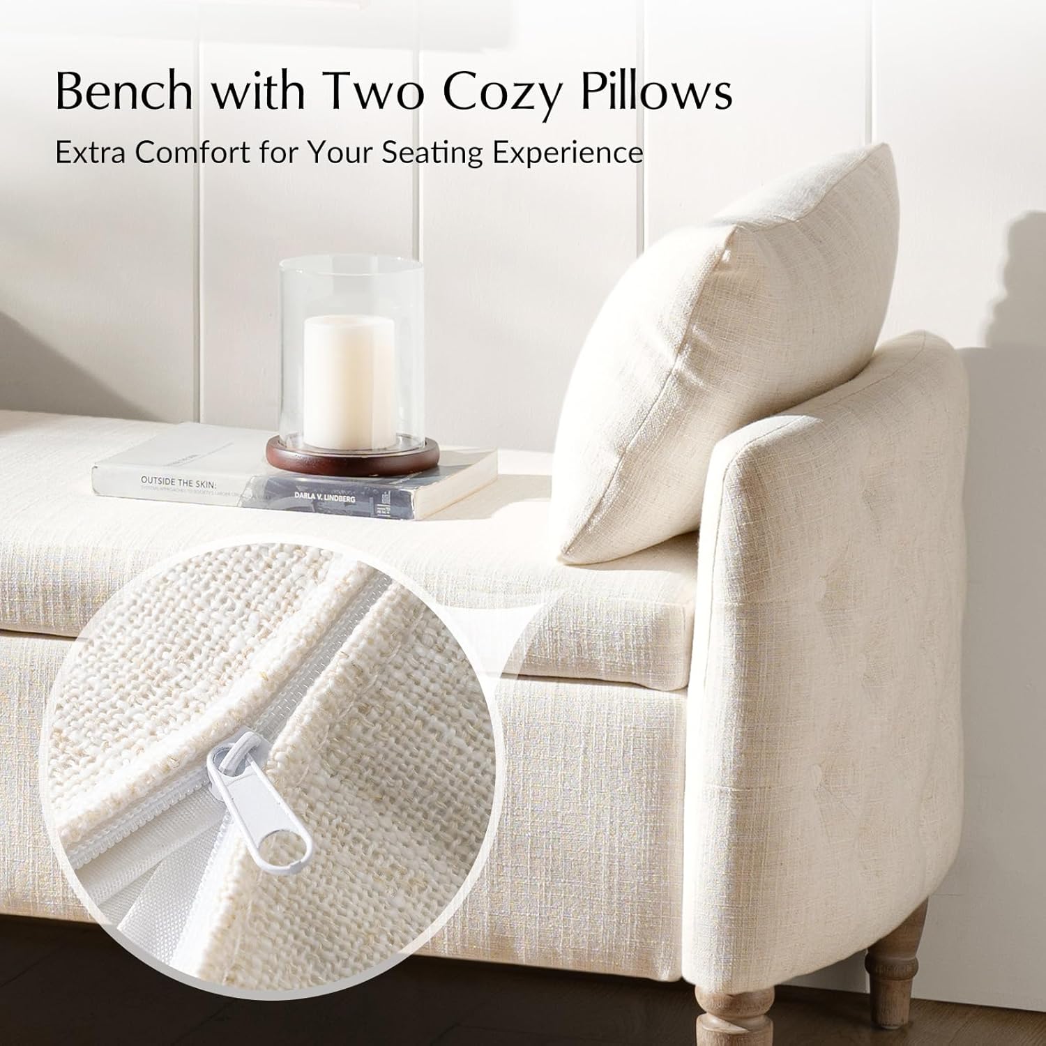 HULALA HOME Storage Bench for Bedroom with Throw Pillows, 59" Large Bedroom Ottoman Bench with Solid Wood Frame, Comfy Upholstered Footstool with Flip-top for Living Room, Entryway, Ivory