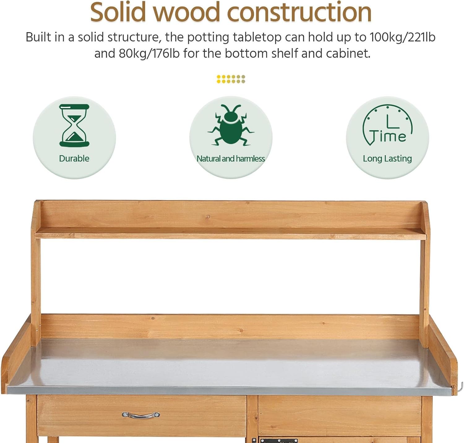 costoffs Potting Bench Wood Garden Potting Table with Cabinet and and Drawers Outdoor Metal Surface Work Bench for Greenhouse with Hooks and Shelf Wood