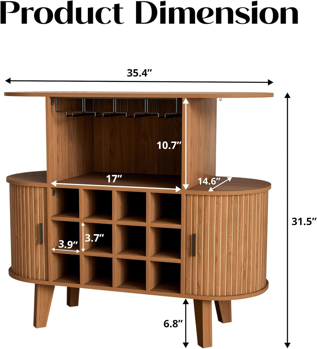 35.4" Oval Wine Bar Cabinet with 12 Racks 4 Glass Holders, Small Coffee Bar Cabinet with Sliding Tambour Door for Home, Kitchen, Living Room, Walnut