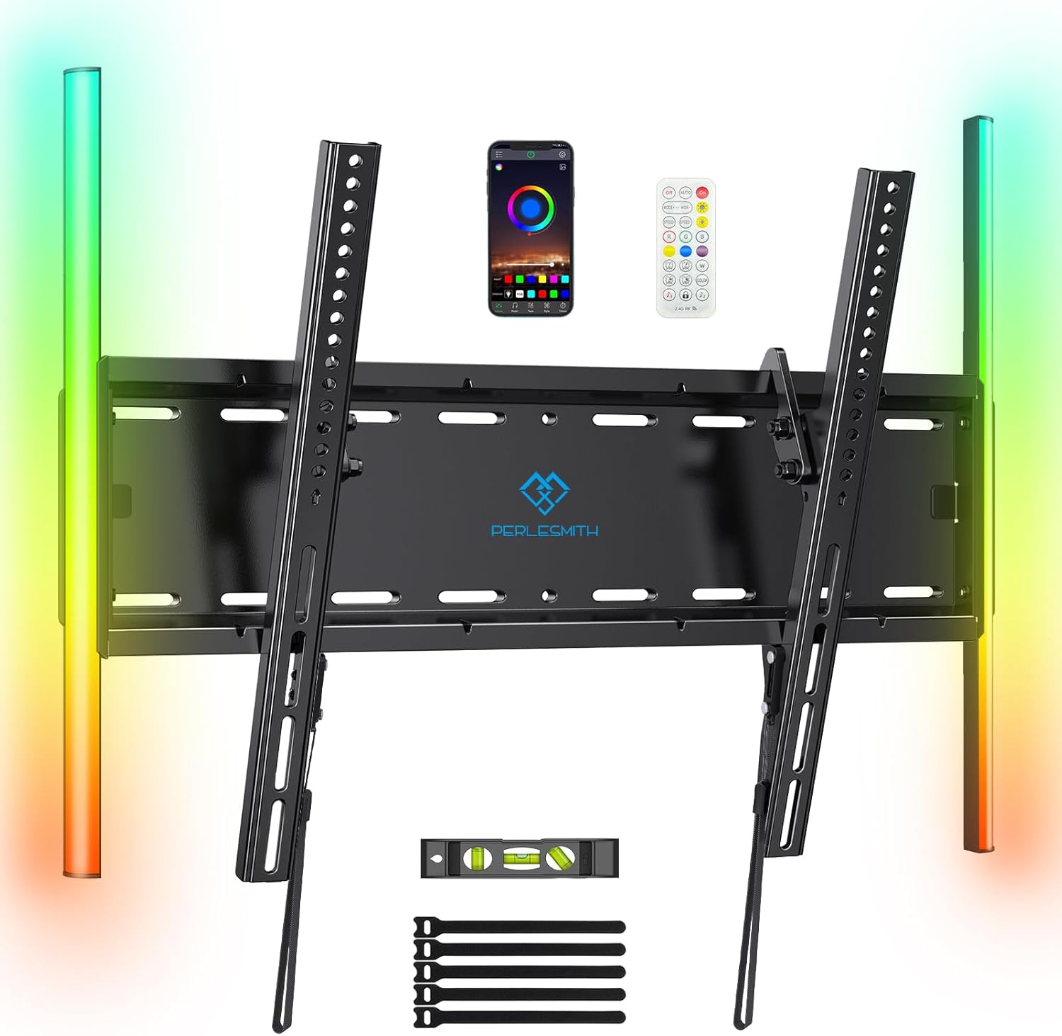 PERLESMITH Tilt TV Wall Mount with LED Light, TV Mount for 26–60 Inch TVs up to 115 lbs, Low Profile Backlit TV Bracket with Music Sync, Fits 8″/16″ Wood Studs, Max VESA 400x400mm, PSTVM74B