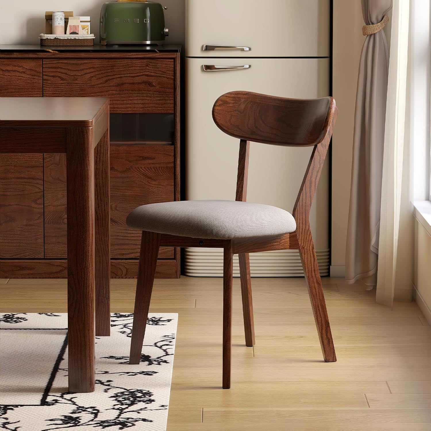 100% Solid Wood Upholstered Dining Chairs, Mid Century Modern Oak Dining Chairs with Curved Back Design with Butterfly Wing Shape for Kitchen, Dining Room, Restaurant (4, Walnut Color-Grey Cushion)