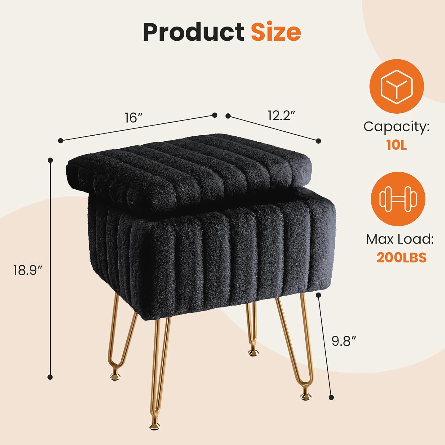 DUMOS Vanity Stool Chair, Ottoman with Storage, Makeup Cute Soft Small Footstool, Modern Style Faux Fur Seat with 4 Metal Legs & Adjustable Feet for Dressing, Living Room, Bedroom, Dorm, Black
