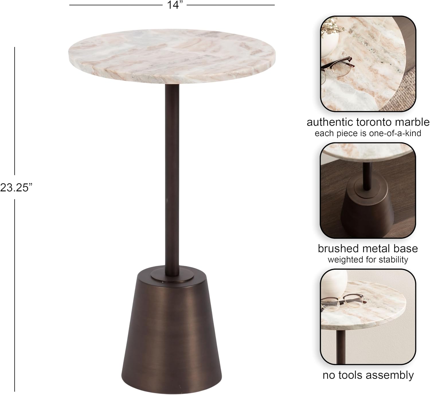 Kate and Laurel Tira Round Marble Side Table, 14 x 14 x 24, Brown Marble and Bronze, Decorative Pedestal End Table for Use as a Bedroom Nightstand or Living Room Plant Stand Table