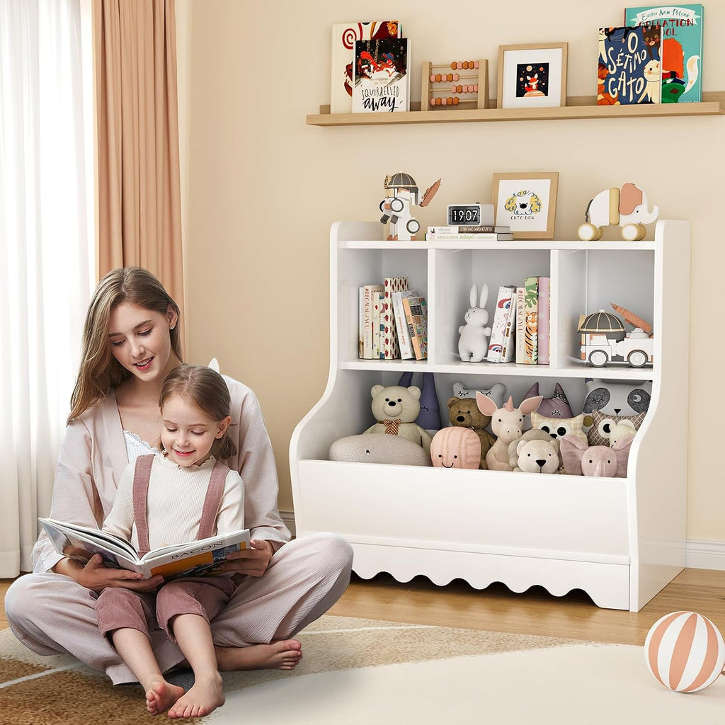 Marcytop Kids Toy Storage Organizer, Wooden 4 Cubby Children Book Toy Shelf, Toddler Baby Bookshelf with Storage, Montessori Kids Bookshelf and Toy Storage for Kids Rooms Playroom Organization