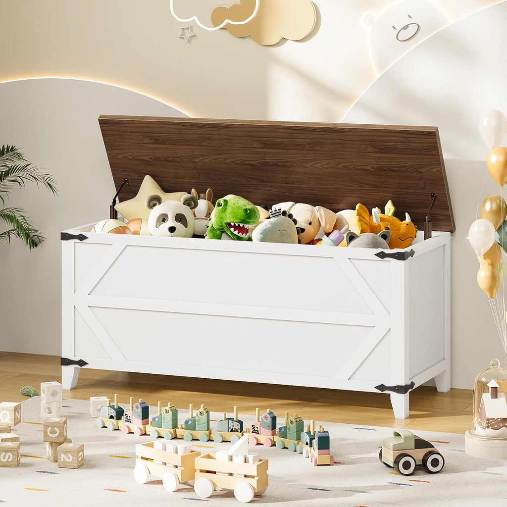 HOOBRO 43.3" Storage Bench, Toy Box with Safety Hinges, Toy Chest Storage, Wooden Storage Bench for Bedroom, Living Room, White and Walnut WH611CW01