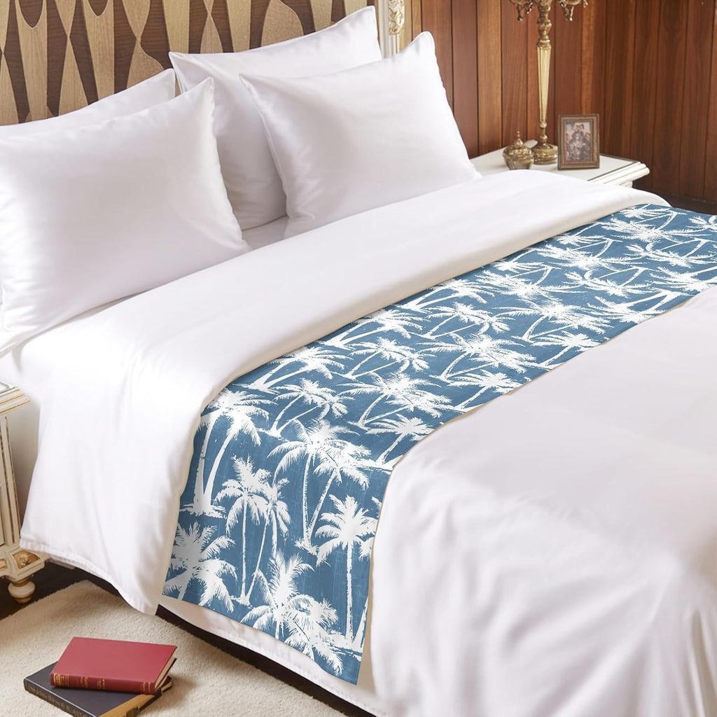 Blue Palm Tree Bed Runners for Twin Size Bed, Summer Tropical Coastal Nautical Beach Silver Tree Leaf Bedding Scarf for Home Hotel Decorations, 71''x20''