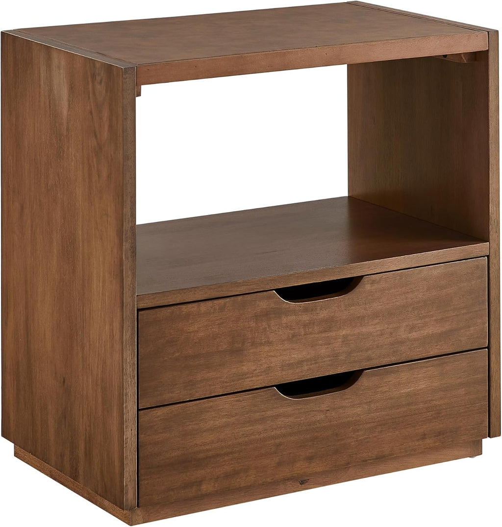 Vegan Leather Top Nightstand or End Table with Two Drawers and Open Shelf, Modern Plinth Base for Bedroom Living Room or Entryway