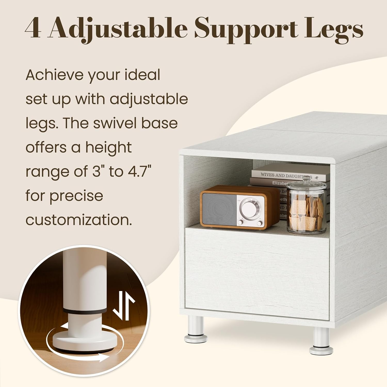 Rresyet Modular Sofa Console with Storage, Adjustable Height Side Table with Drawer & Open Shelf, 15.8" Narrow End Table for Sectional Sofa Couch (1, White, with Drawer)