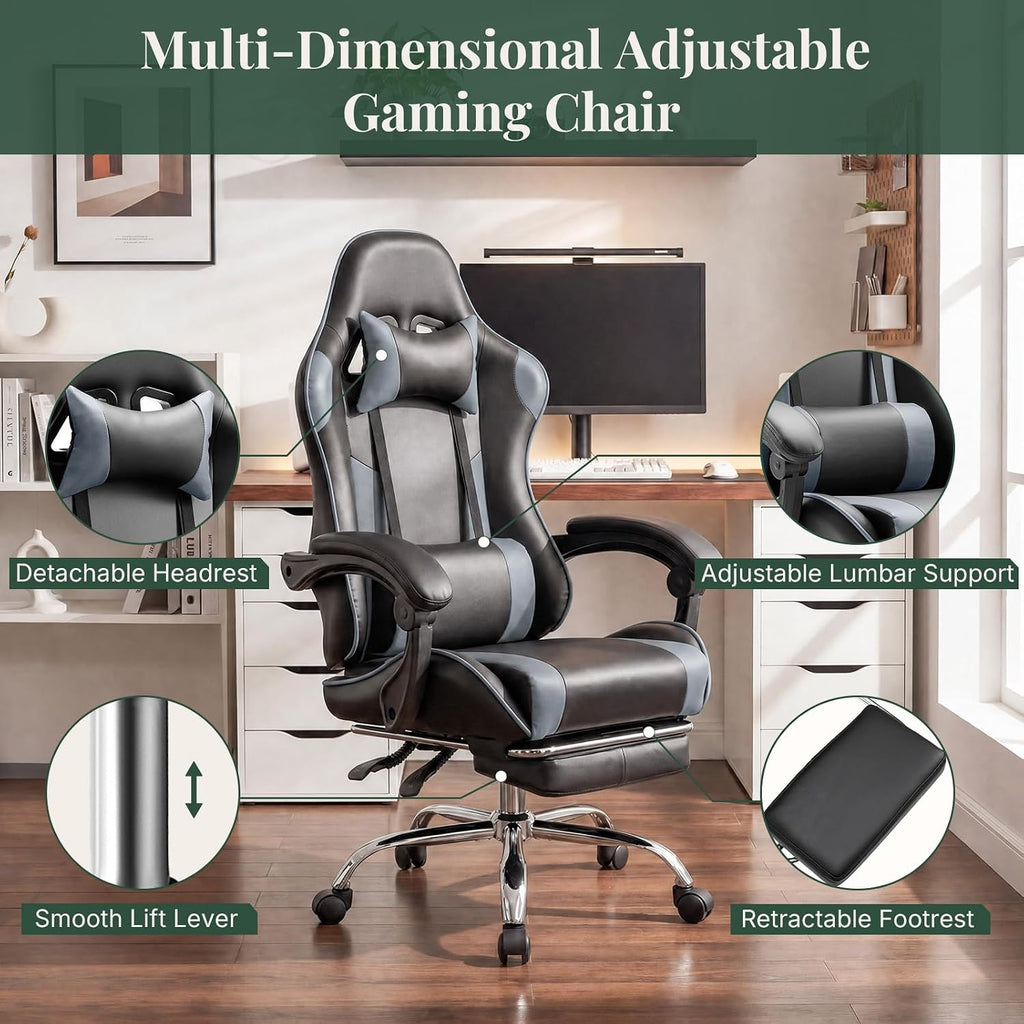 Computer Gaming Chair with Footrest, Ergonomic High Back PU Leather Video Racing Chair with Adjustable Headrest & Linkage Armrest, for Office and Home, Adults, Grey