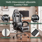 Computer Gaming Chair with Footrest, Ergonomic High Back PU Leather Video Racing Chair with Adjustable Headrest & Linkage Armrest, for Office and Home, Adults, Grey